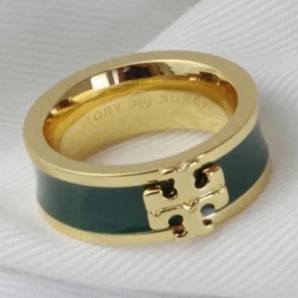 TORY BURCH • Green Kira Enamel Band Logo Ring - Picture 8 of 8